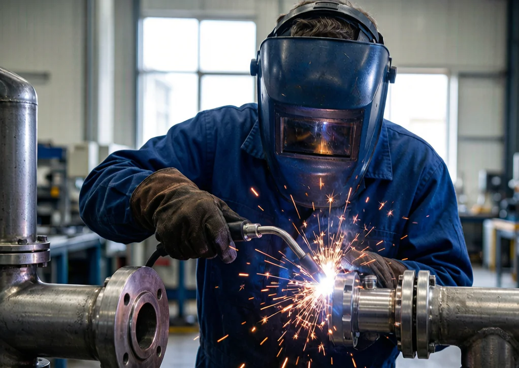 Technician performing a socket weld on a small-bore industrial valve in a valve workshop